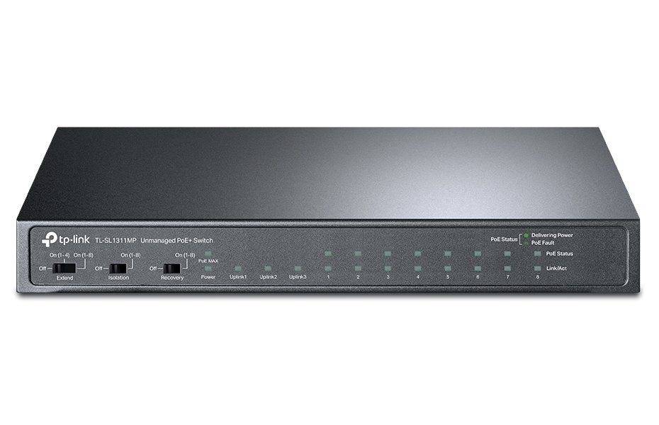 TP-Link TL-SL1311MP - stolní switch s 8 porty 10/100 Mbit/s, 3 gigabit porty a 8 porty PoE+