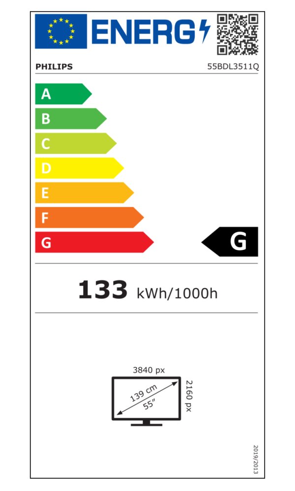 PHILIPS displej 54,6" 55BDL3511Q / Q-Line/ IPS/ 4K UHD/ 60Hz/ 9ms/ 1300:1/ 18/7 / HDMI, DVI, VGA, RS232, RJ45, USB