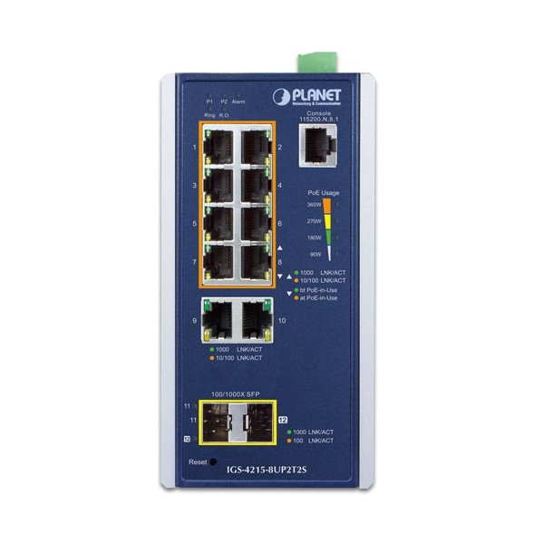 Planet IGS-4215-8UP2T2S průmyslový L2 switch, 8x1Gb, 2x1Gb SFP, 8x PoE 802.3bt 360W, 48-54VDC, -40~75°C, IP30