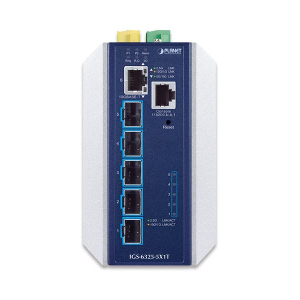 Planet IGS-6325-5X1T průmyslový L3 switch, 1x10Gb, 5x10Gb SFP+, 9-48VDC, -40~75°C, IP30, fanless