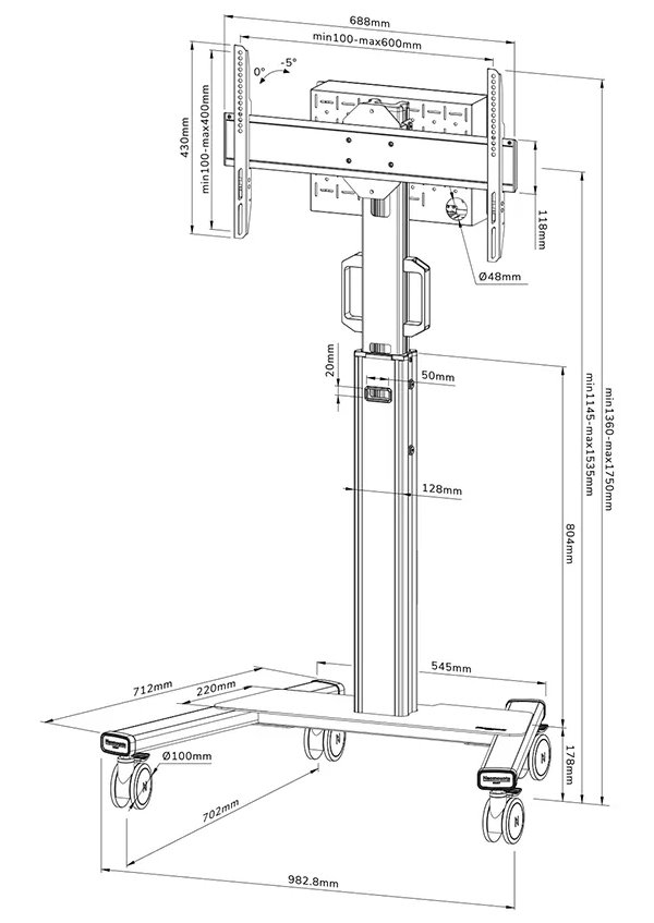 Neomounts Select FL50S-825WH1/Držák displeje/vozík/37-75"/4 kolečka/VESA 600X400/nosn. 70kg/nast.výšky/náklon/bílý