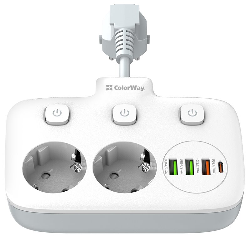 COLORWAY Prodlužovací napájecí přívod/ 2x Schuko/ 3x USB-A/ 1x USB-C / kabel 2,5cm