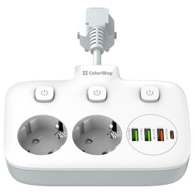 COLORWAY Prodlužovací napájecí přívod/ 2x Schuko/ 3x USB-A/ 1x USB-C / kabel 2,5cm
