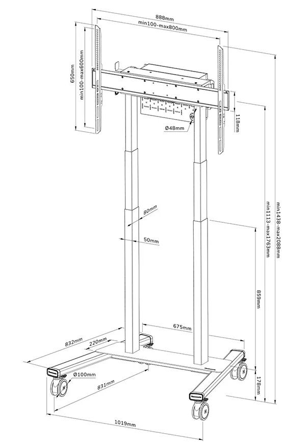 Neomounts FL55-875BL1/Držák displeje/vozík/37-100"/4 kolečka/VESA 800X600/nosn. 110kg/mot. nast.výšky/černý