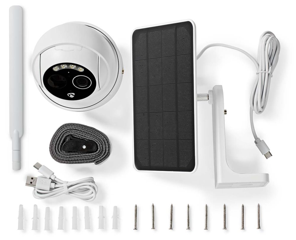 NEDIS IP kamera 4G solární/ venkovní/ IP65/ Wi-Fi/ 1080p/ PIR senzor/ USB-C/ microSD/ noční vidění/ Android/ iOS/ bílá