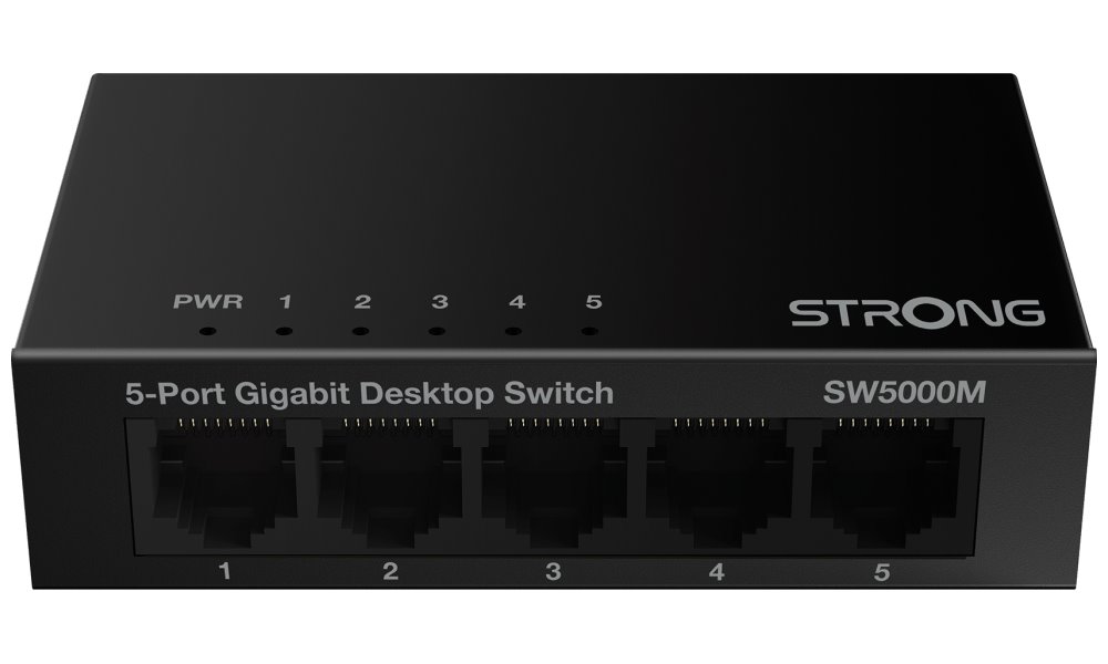 STRONG switch SW5000M/ 5x port Gigabit RJ45/ 10/100/1000 Mb/s/ 10 Gb/s/ 802.3i/u/ab/ kovové šasi/ černý