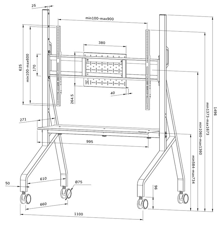 Neomounts FL50-525BL1 /Držák displeje/vozík/55-86"/4 kolečka/VESA 900X600/nosn. 76kg/nast.výšky/černý