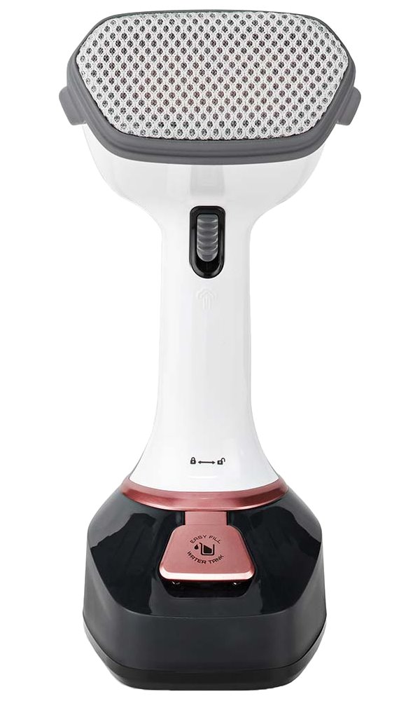 NEDIS napařovač oděvů/ spotřeba 1400 W/ objem vyjímatelné nádržka na vodu 320 ml/ tlak 25 g/m/ černo-růžový