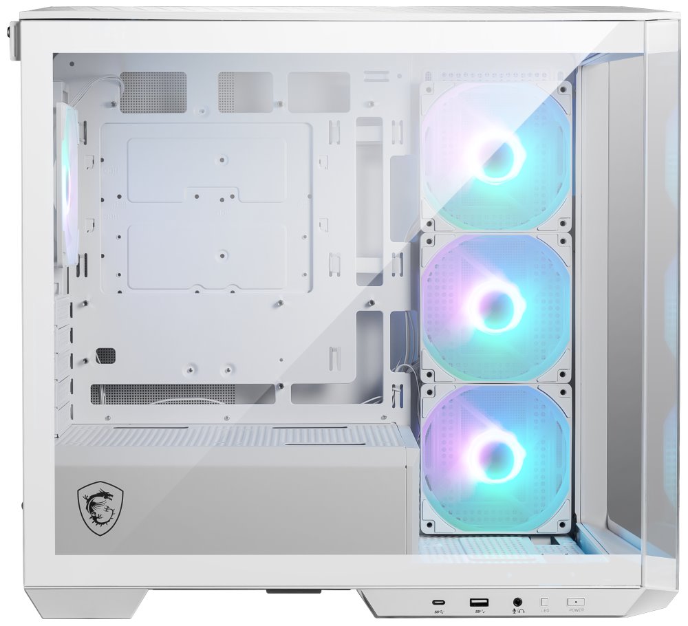 MSI skříň MAG PANO M100R PZ White/ bez zdroje/ levé a přední sklo/ 4x 120 mm A-RGB fan/ 1x USB-C/ 1x USB3.2/ bílá