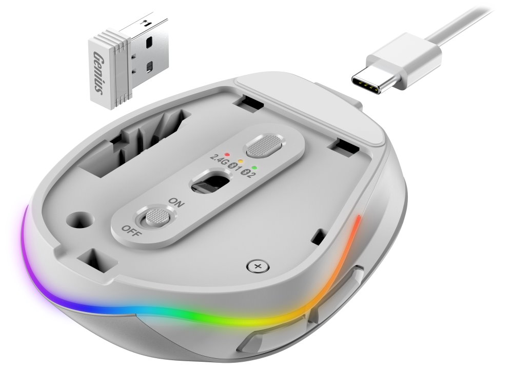 GENIUS Ergo 9000S Pro Pearl White/ duální Bluetooth + 2,4GHz/ 2400 dpi/ bezdrátová/ 6tlačítková/ dobíjecí/ RGB/ bílá