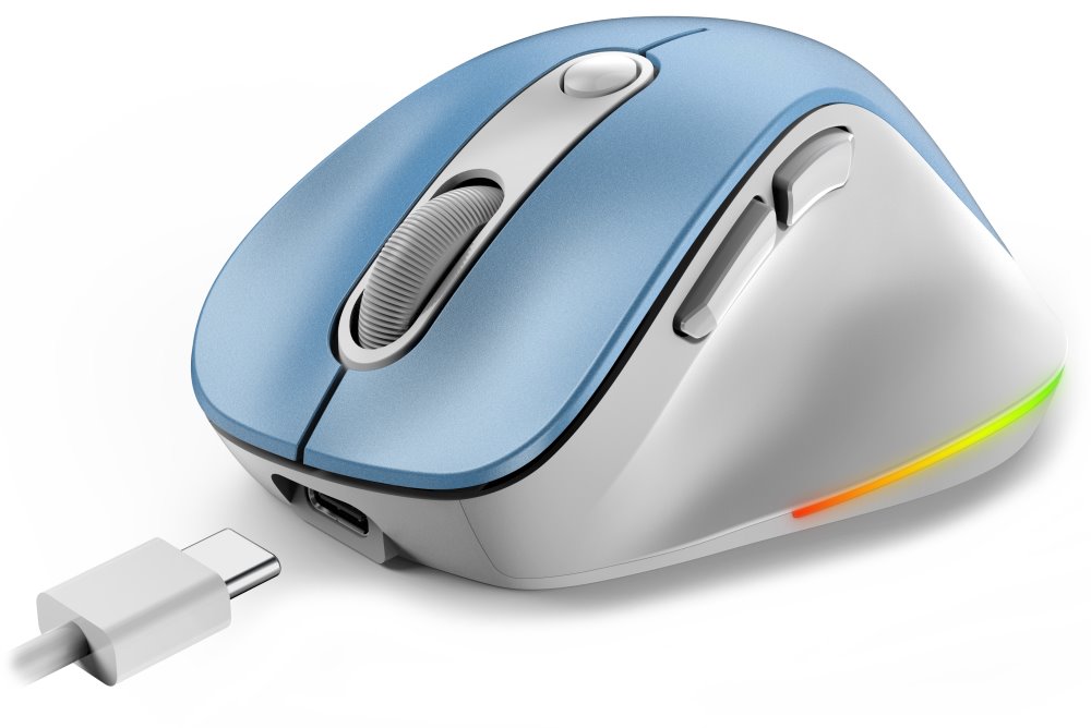 GENIUS Ergo 9000S Pro Light Blue/ duální Bluetooth + 2,4GHz/ 2400 dpi/ bezdrátová/ 6tlačítková/ dobíjecí/ RGB/ modrobílá