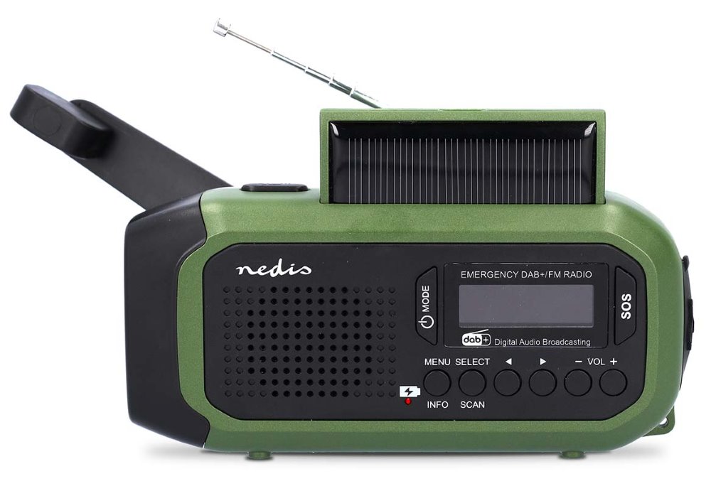 NEDIS přenosné nouzové rádio/ napájení z baterie/ z USB/ solární panel/ DAB+ / FM/ budík/ světlo/ černo-zelené