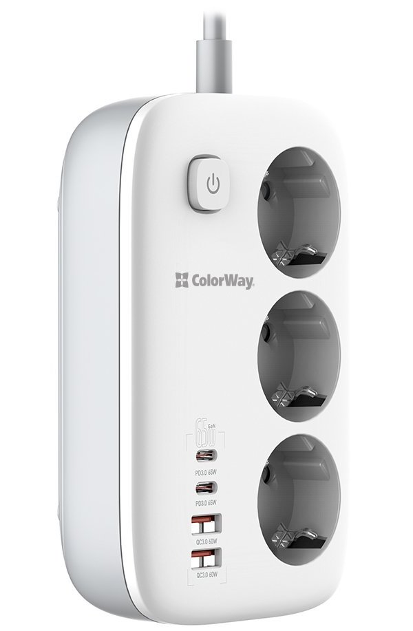 COLORWAY Prodlužovací napájecí přívod/ 3x Schuko/ 2x USB-A 60W/ 2x USB-C 65W/ kabel 2m