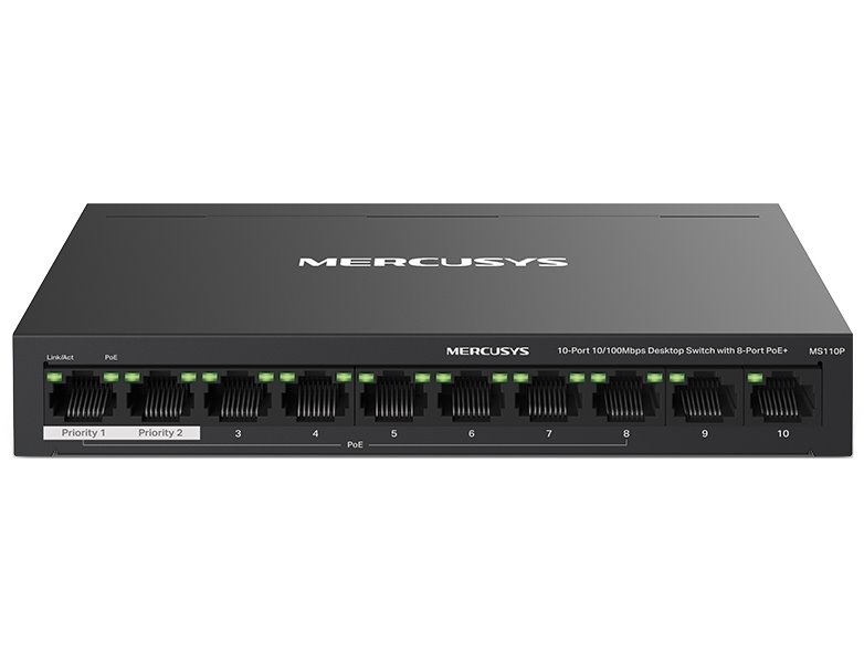 TP-Link Mercusys MS110P Switch 10-Port, 8x 10/100 Mbps PoE+, 2x LAN, 802.3af/at, 65 W