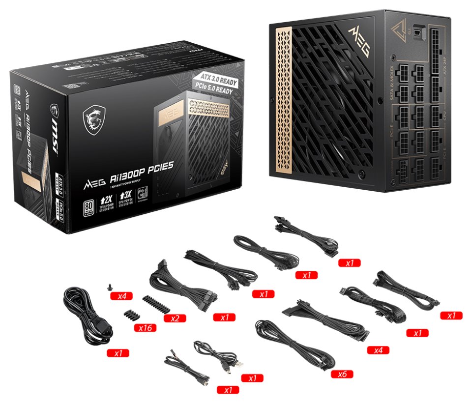 MSI zdroj MEG Ai1300P PCIE5/ 1300W/ ATX3.1/ akt. PFC/ 10 let záruka/ 120mm ventilátor/ modulární/ 80PLUS Platinum