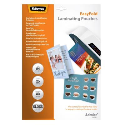 FELLOWES laminovací fólie/ formát A4/ 80 mic/ s rýhou uprostřed pro snadné složení/ lesklé/ 25 pack