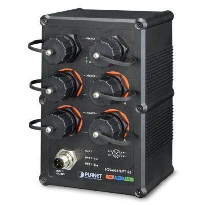 Planet IGS-604HPT-RJ vodotěsný průmyslový switch, 6x1Gb, 4x PoE 802.3at 140W, 48-56VDC, -40~75°C, IP67, EN50155
