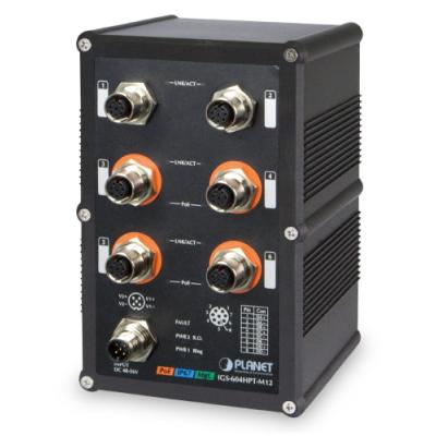 Planet IGS-604HPT-M12 vodotěsný průmyslový switch, 6xGE M12, 4x PoE 802.3at 140W, 48-56VDC, -40~75°C, IP67, EN50155