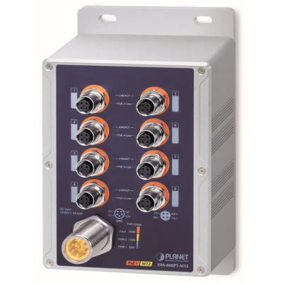 Planet vodotěsný průmyslový PoE switch, 8xFE M12, 8x PoE 802.3at 30W/180W, -40~+75°C, 12-56VDC, IP67