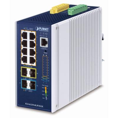 Planet IGS-6329-8UP2S4X průmyslový L3 switch, 8x1Gb, 2x2.5Gb SFP, 2x10Gb SFP+, PoE 802.3bt 360W, 48-54VDC, -40~75°C